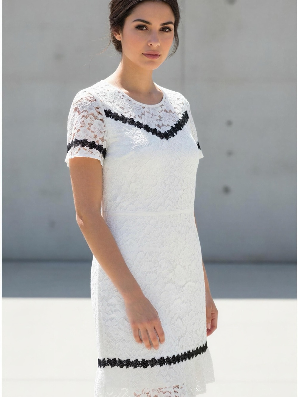 Karl Lagerfeld White Lace Midi Dress with Black Trim